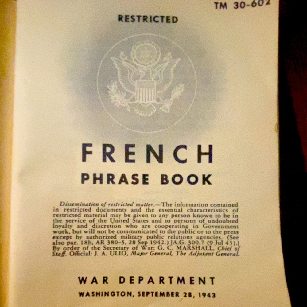 Old military issued WW2 French phrase book